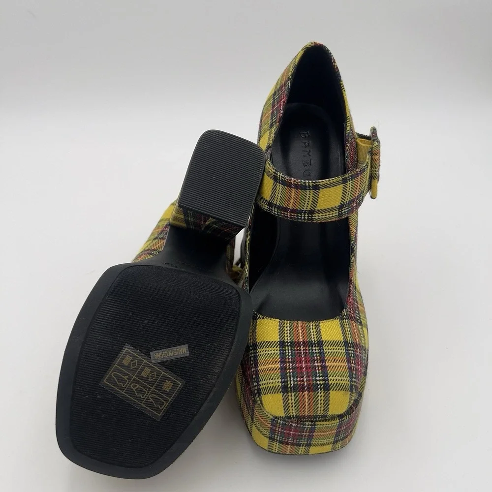 Bamboo Yellow Plaid Platform Mary Jane Round Toe Buckle Strap Heels Women's 6.5
